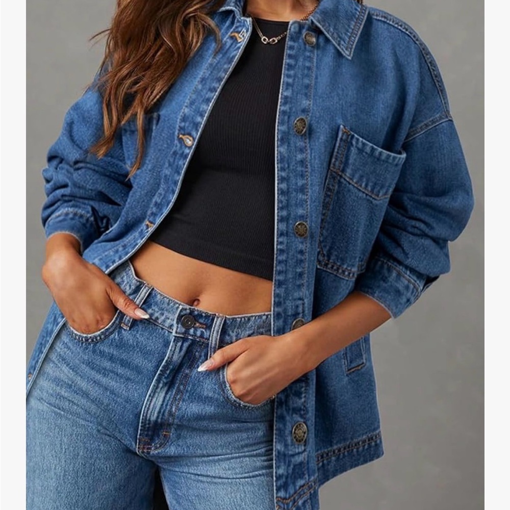 Amazon Oversized boyfriend dark Blue Denim Jean Jacket shacket size S